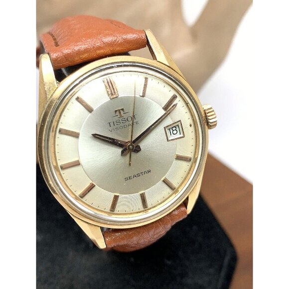 Tissot Visodate Seastar Men's Watch Swiss Manual Wind Vintage 35mm Brown Leather - Picture 12 of 13